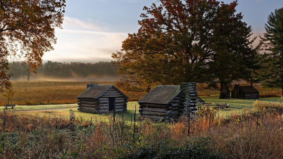 A rustic log cabin in a grassy field with trees in the background.