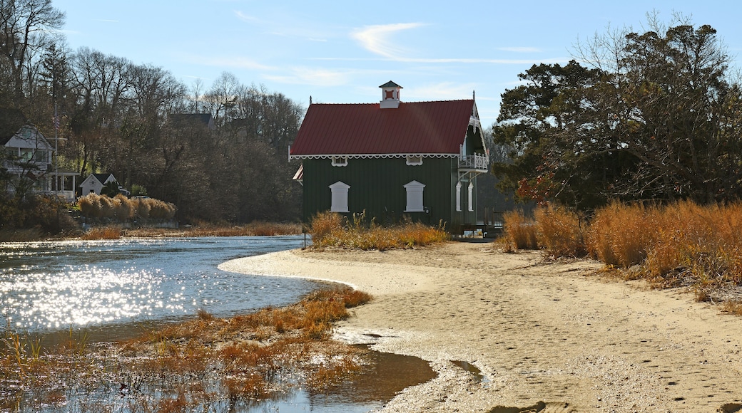 Gamecock Cottage, historic building (1876) at southernmost point of a peninsula of West Meadow Wetlands Reserve, Suffolk County, New York on Long Island