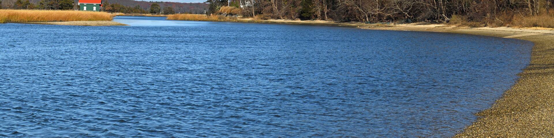 West Meadow Beach Historic District, peninsula of public parkland in northwestern Stony Brook in Suffolk County, New York, on sunny autumn day