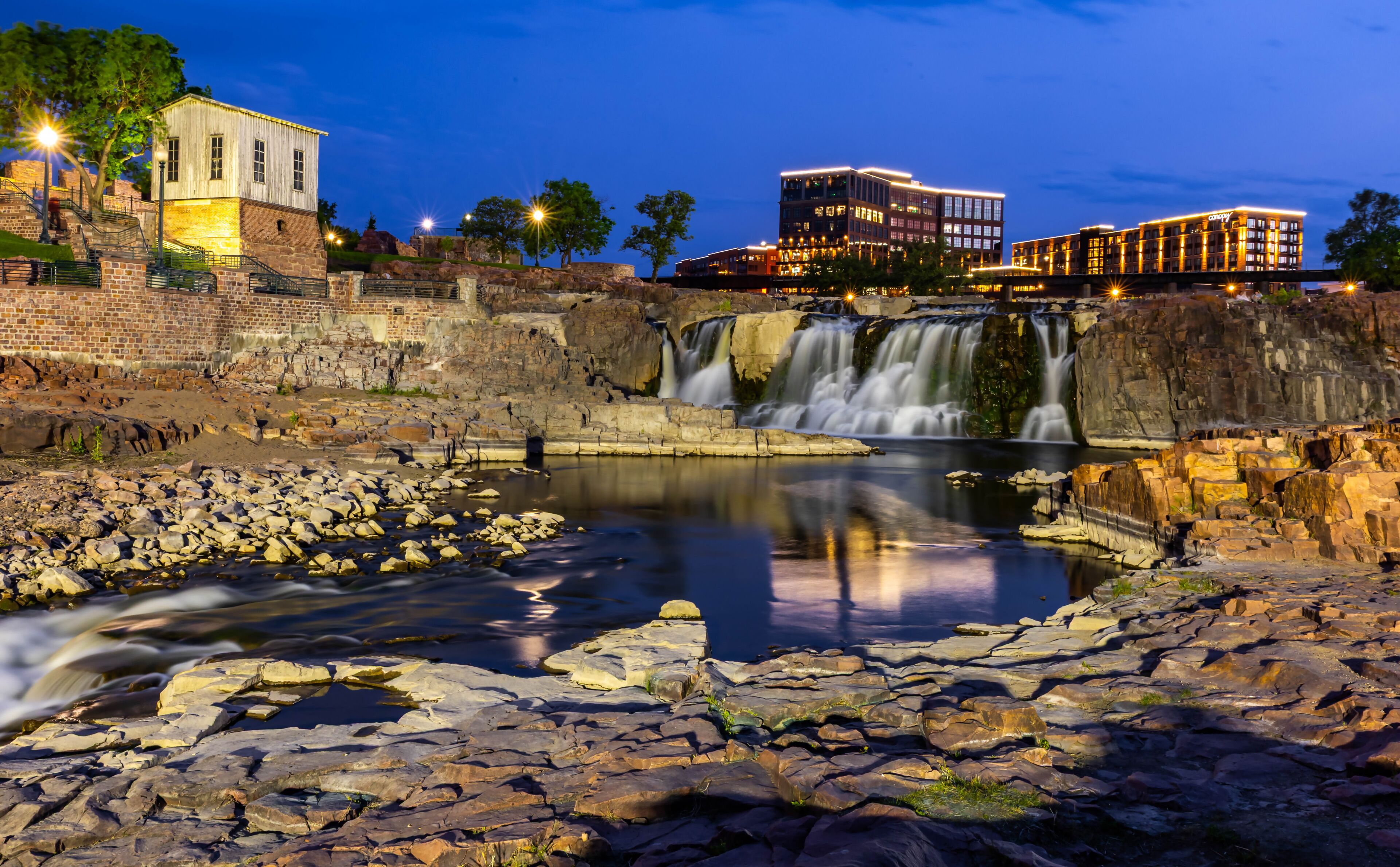 Sioux Falls Waterfall City Skyline at Blue Hour Night