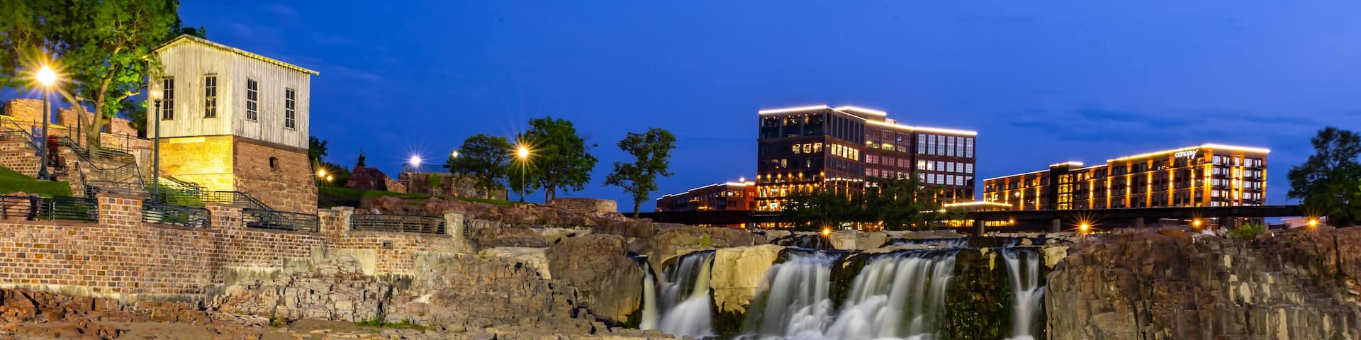 Sioux Falls Waterfall City Skyline at Blue Hour Night