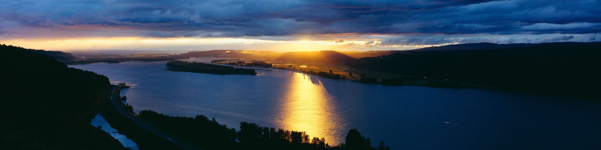Sunset over Columbia River, view toward Portland, Oregon