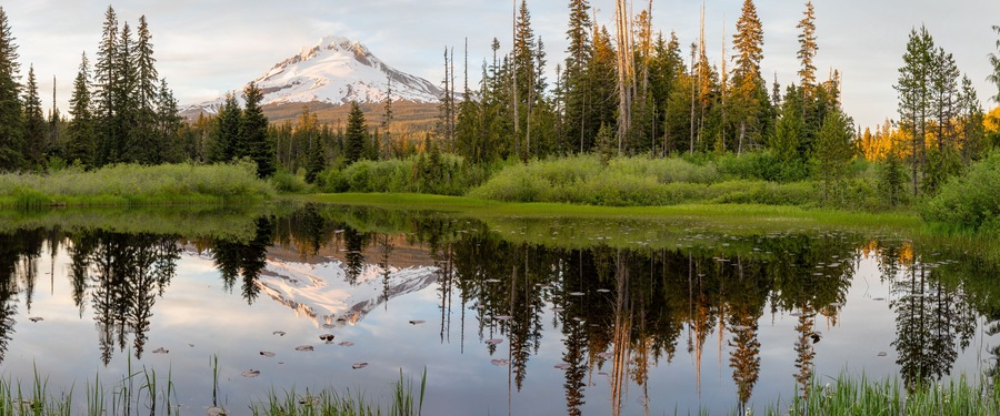 Mount Hood volcano reflected in a small lake near Government Camp village at sunset. Oregon, USA.
Popular tourist and skiing area. Summer season.