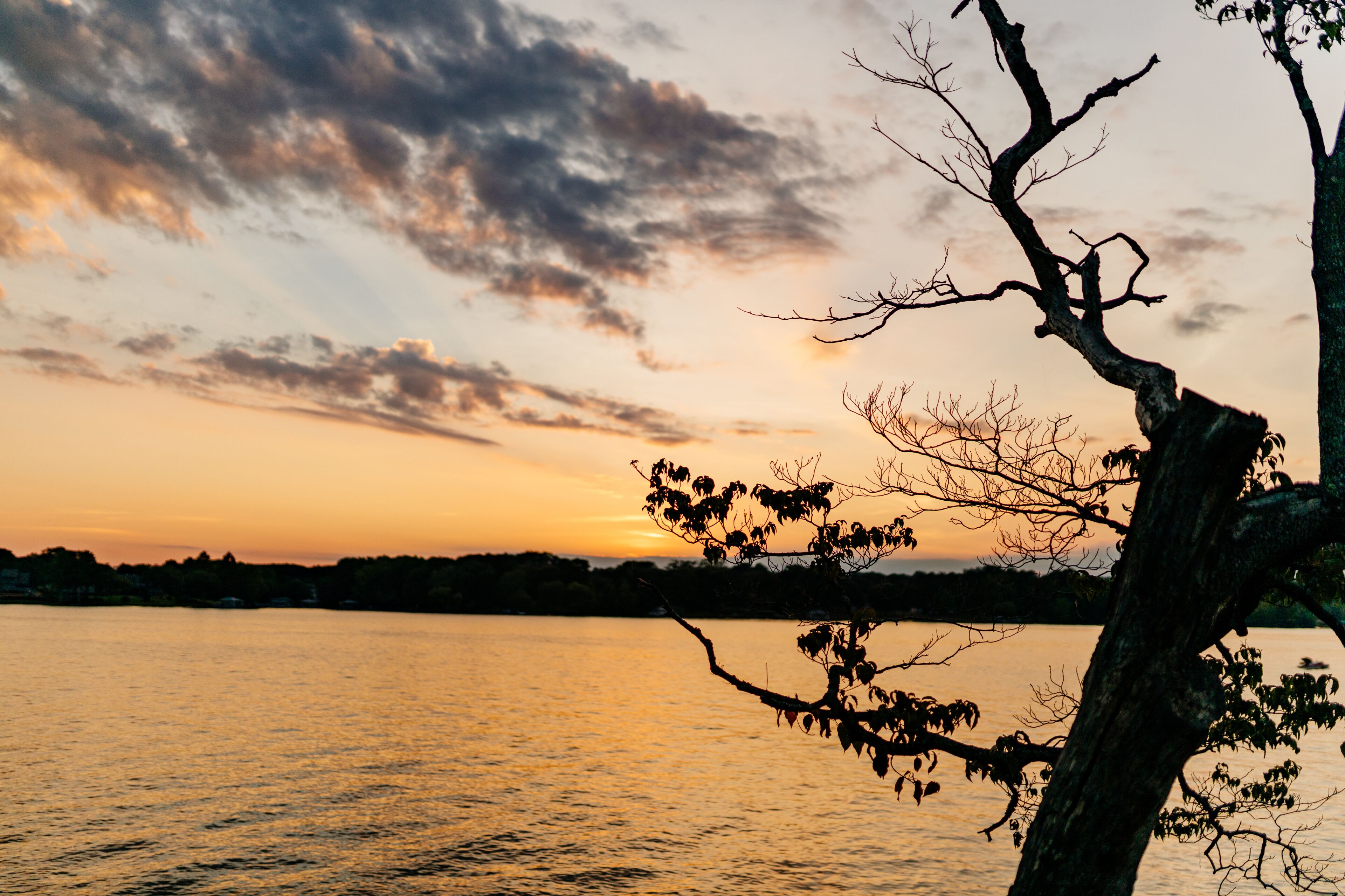 Beautiful sky and lake at sunset. Beautiful orange and blue sky at dawn. Lake Bowen Anchor Park, Inman, SC, USA 