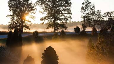 Spartanburg featuring mist or fog, farmland and a sunset