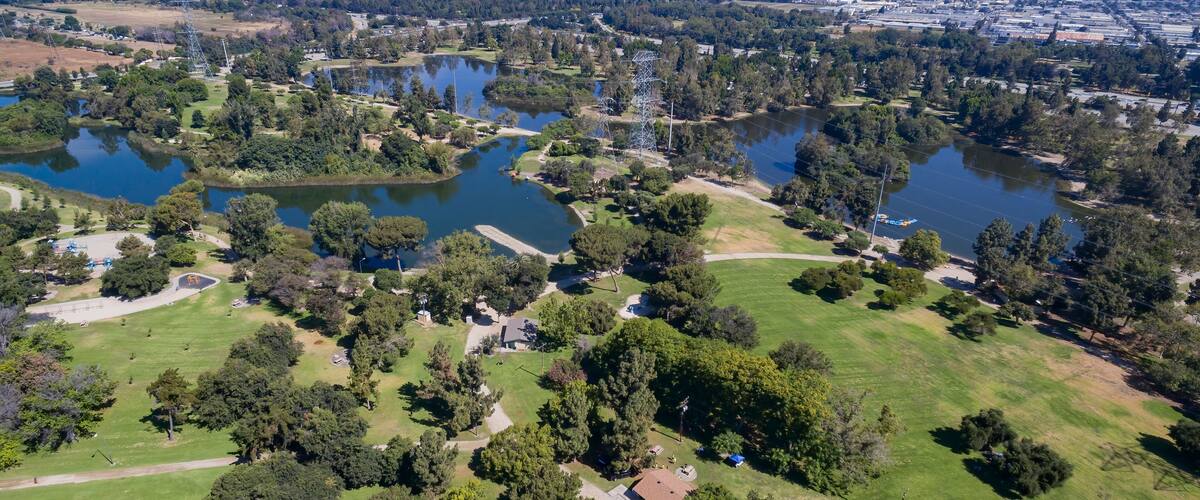 Sunny aerial view of Whittier Narrows Recreation