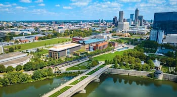 Aerial Downtown Indianapolis Skyline with River and Bridge