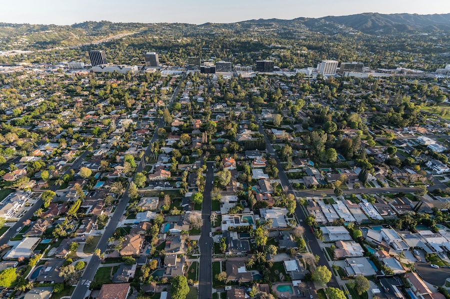 Afternoon aerial view of Sherman Oaks neighborhood in the San Fernando Valley area of Los Angeles California.