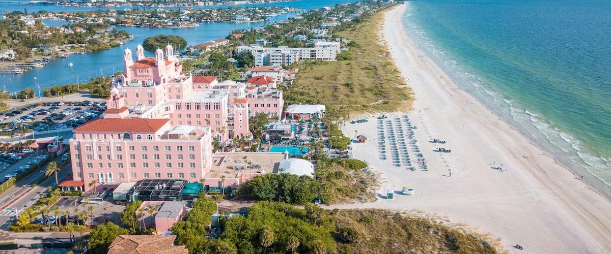 Summer vacations. St. Pete Beach Florida. Ocean beach, Hotels and Resorts in US. Blue-turquoise color of salt water. American Coast or shore line in Gulf of Mexico. St Petersburg Clearwater Florida.