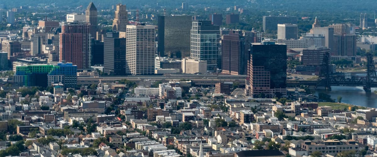 Aerial view of the skyline of Newark, New Jersey, The Passaic River and the surrounding areas