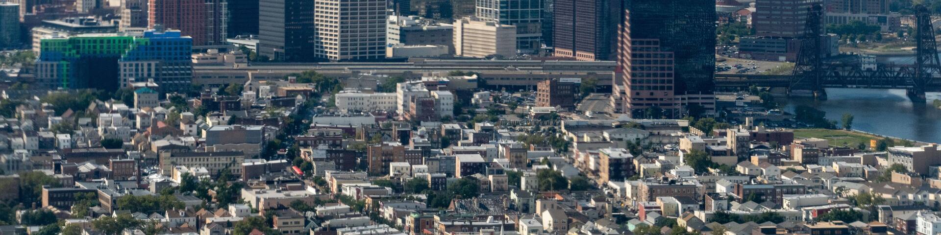 Aerial view of the skyline of Newark, New Jersey, The Passaic River and the surrounding areas