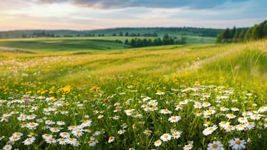 Beautiful spring and summer natural panoramic pastoral landscape with blooming field of daisies in the grass in the hilly countryside.