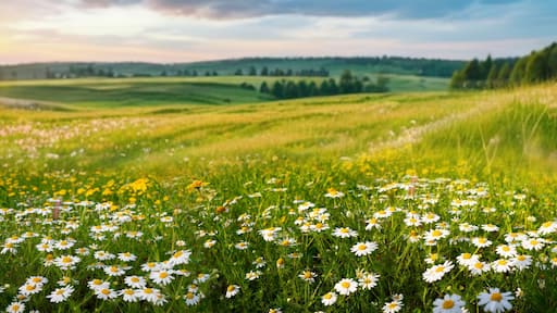 Beautiful spring and summer natural panoramic pastoral landscape with blooming field of daisies in the grass in the hilly countryside.