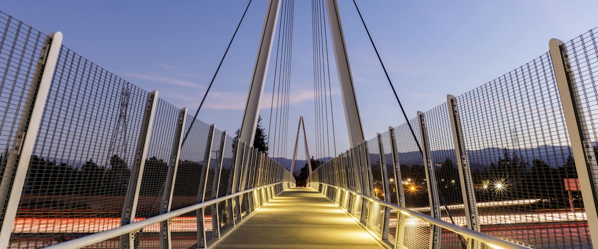 Dusk over Don Burnett Bicycle-Pedestrian Bridge (aka Mary Avenue Bicycle Footbridge). Cupertino, Santa Clara County, California, USA.