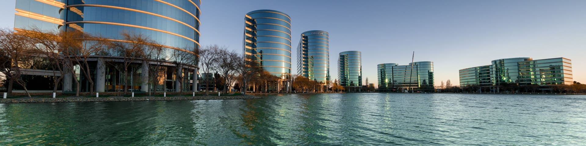 Sunrise over Oracle Corporation Buildings in Silicon Valley.
