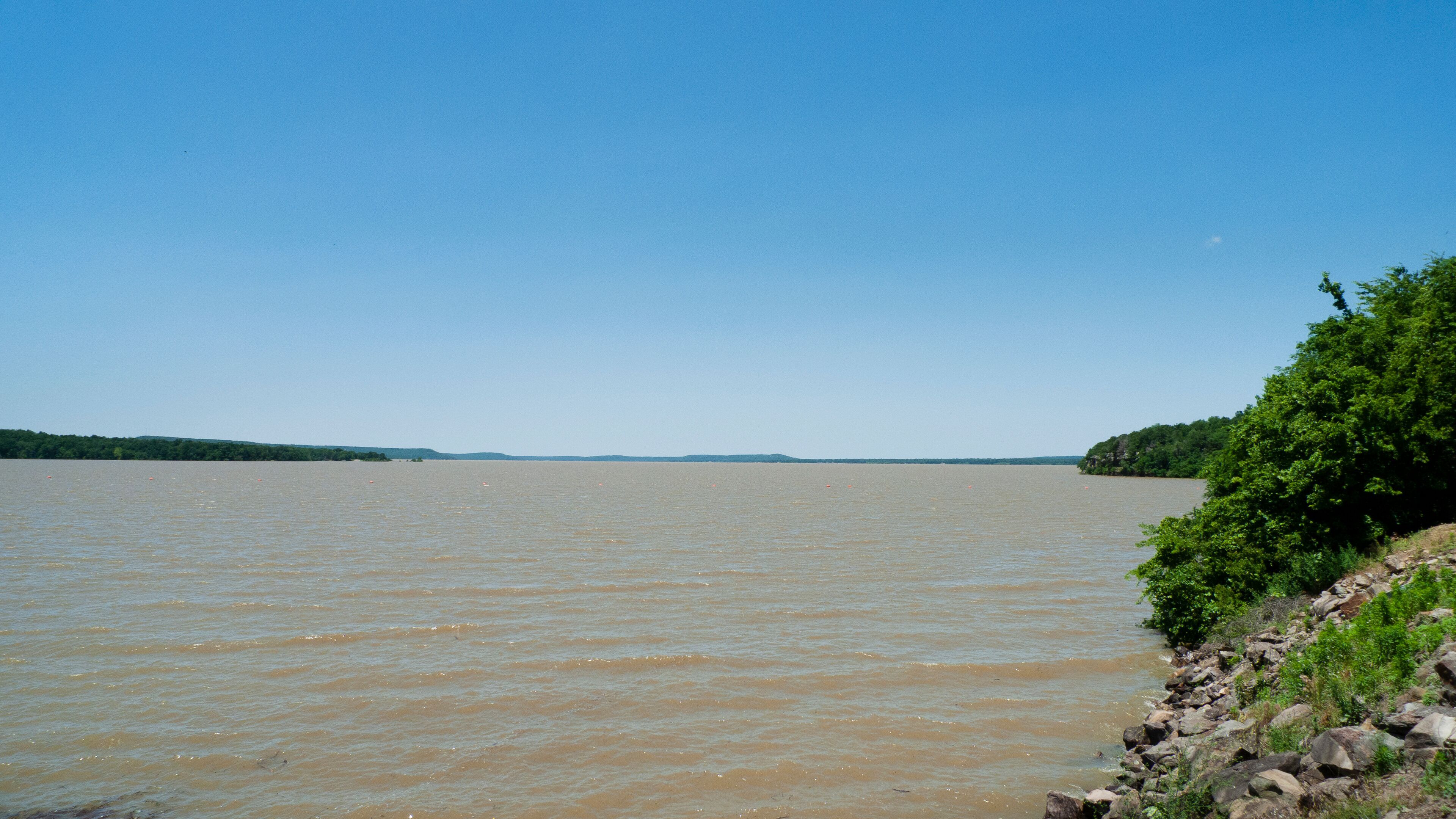 A river with a rocky shoreline and a forested area in the distance.