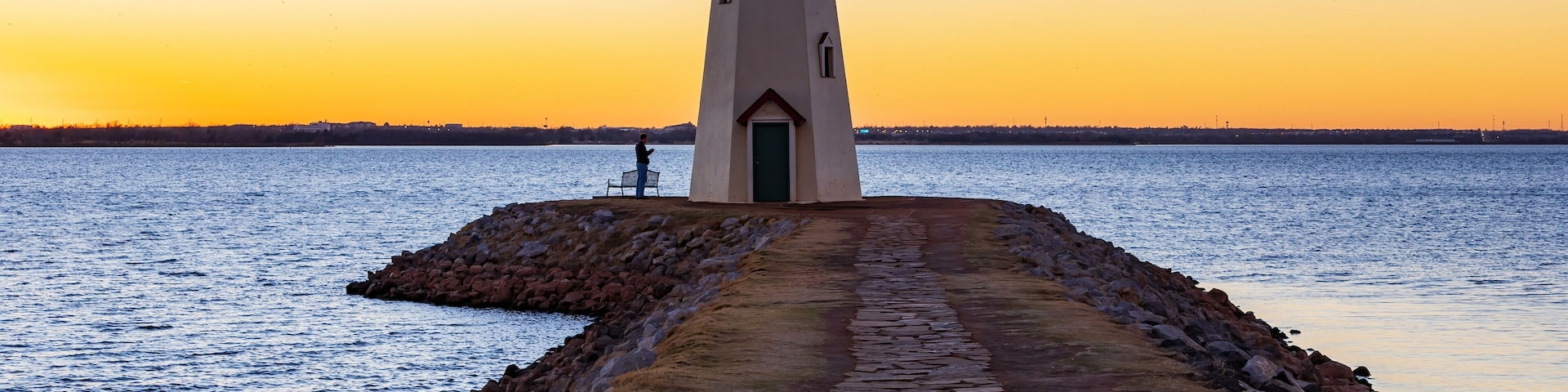 Sunset beautiful landscape of the Lake Hefner lighthouse