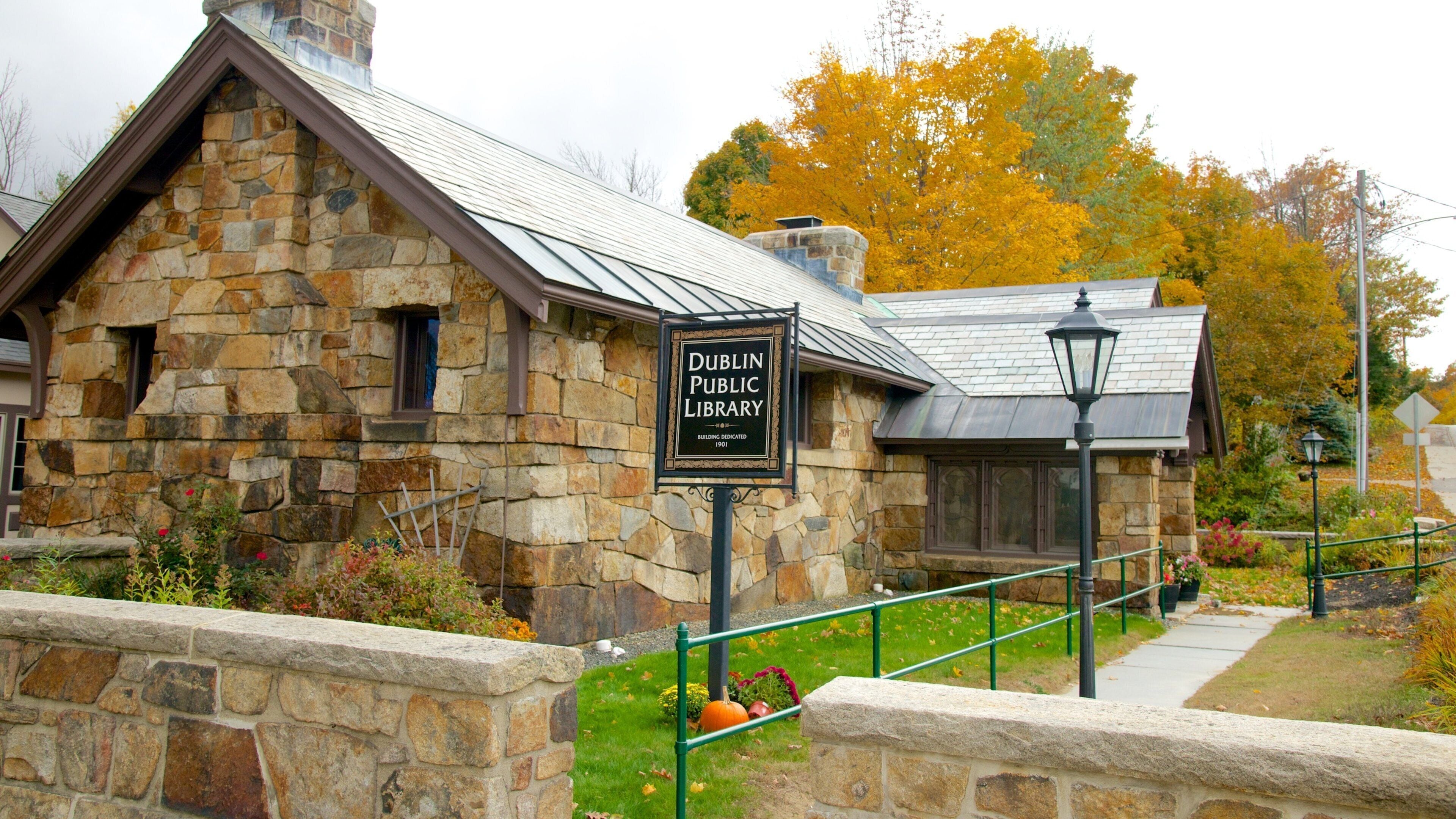 A stone building with a sign reading "Dublin Public Library" and a lamp post nearby.
