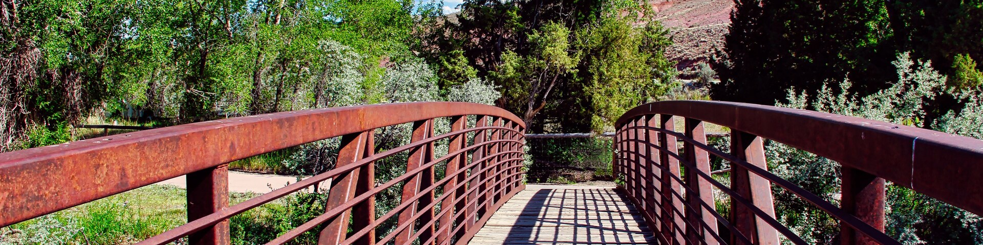 Un puente de madera con barandilla de metal, rodeado de exuberante follaje y un cielo azul despejado.