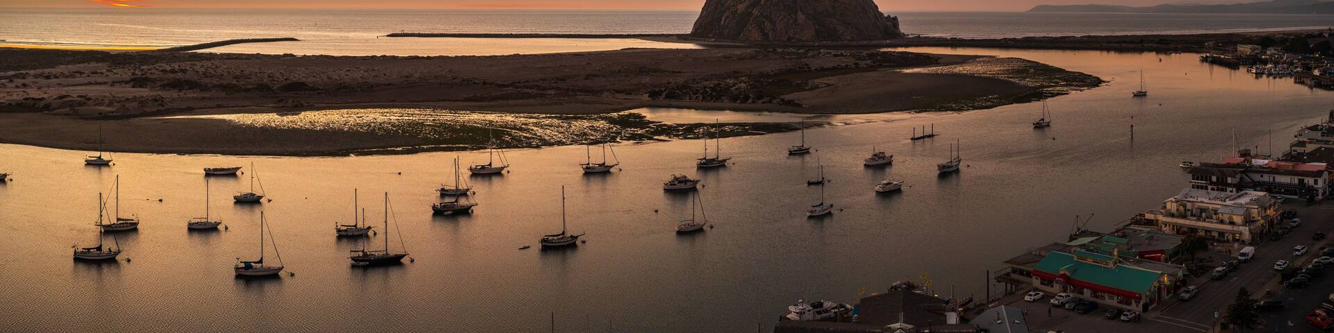 Sunset at Morro Bay rock in California.