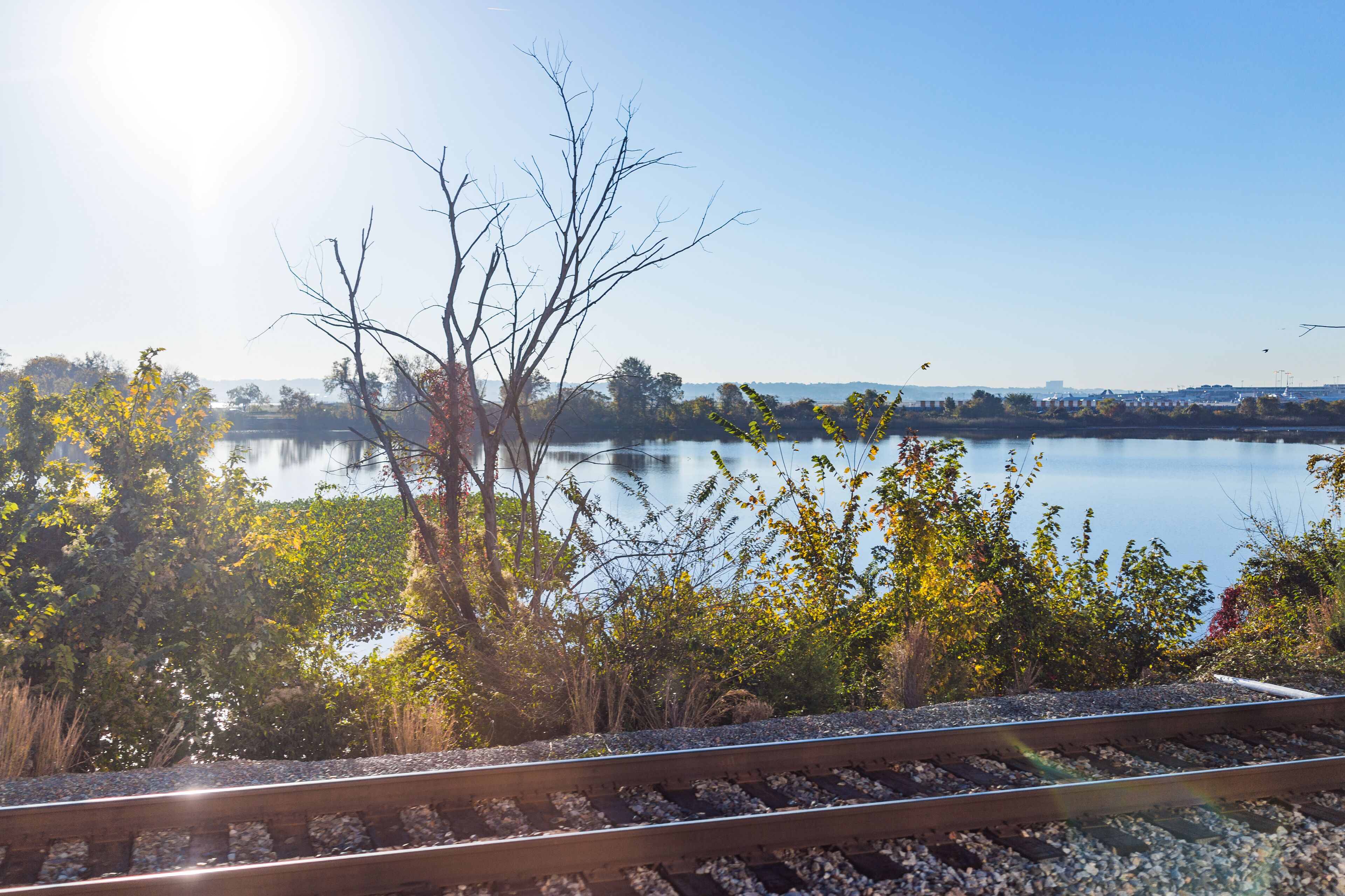 Train tracks and water river lake in Virginia with morning sun, reflection, plants in autumn