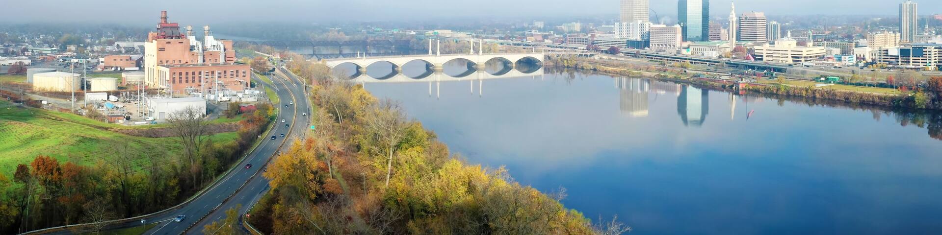 Aerial view of Springfield, Massachusetts, United States in early morning
