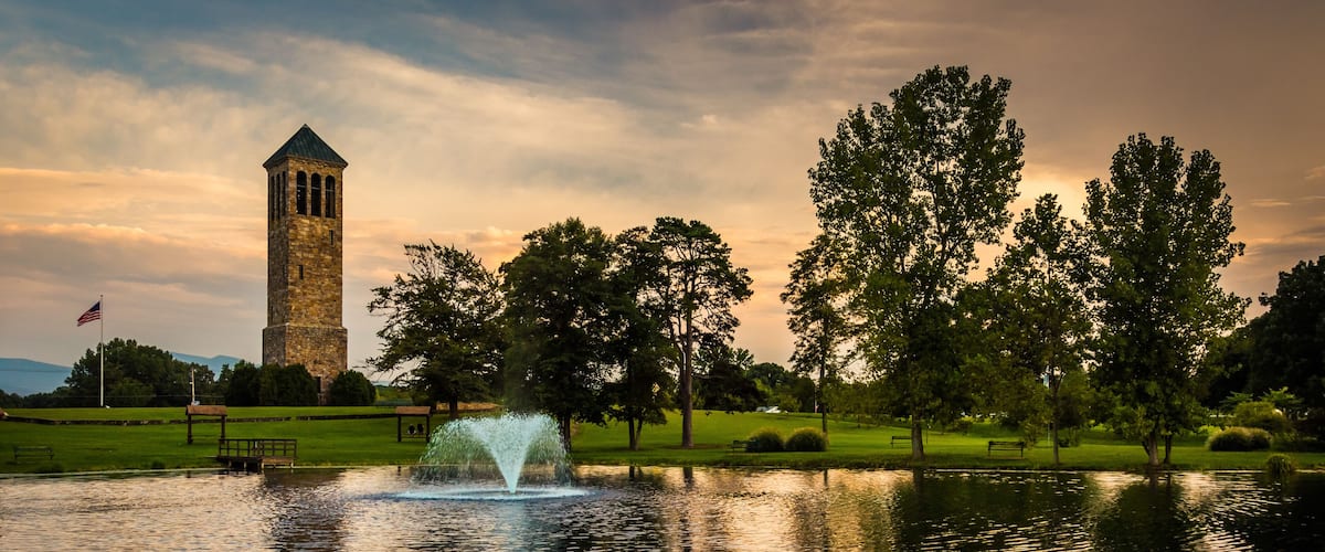 The singing tower and a pond in Carillon Park, Luray, Virginia.