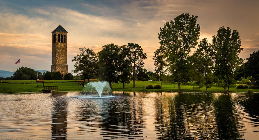 The singing tower and a pond in Carillon Park, Luray, Virginia.