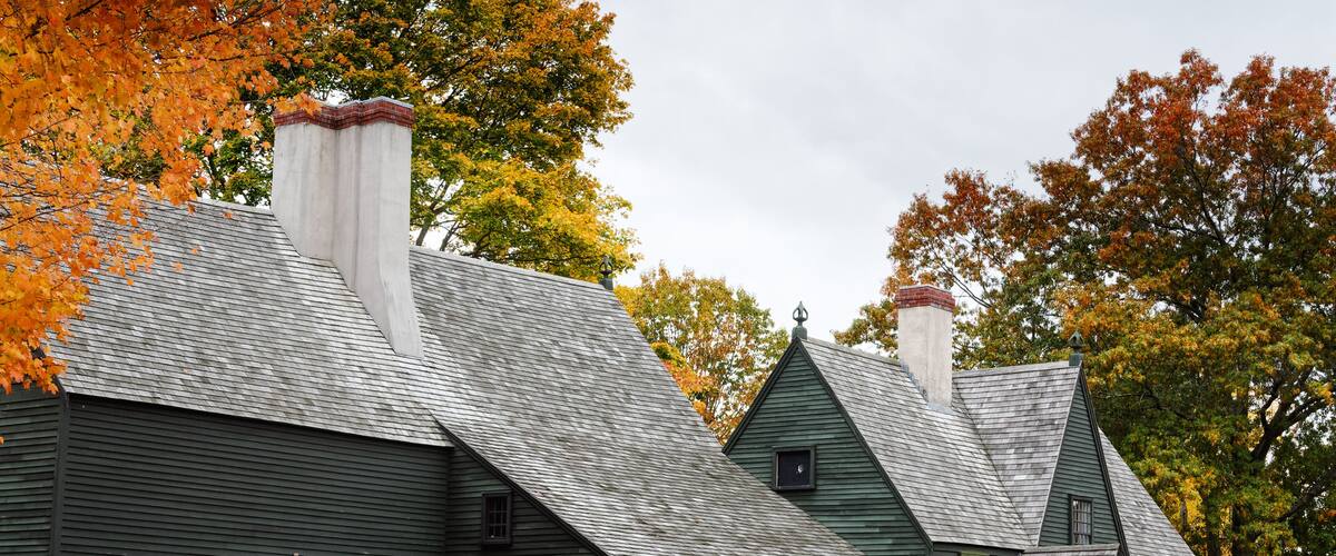 A row of green wooden houses with red doors and chimneys, surrounded by autumn-colored trees.