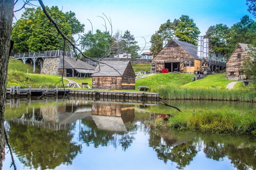 Saugus Iron Works National Historic Site, where European iron makers integrated into America, includes water wheels, hot forges, mills, and a 17th century home.