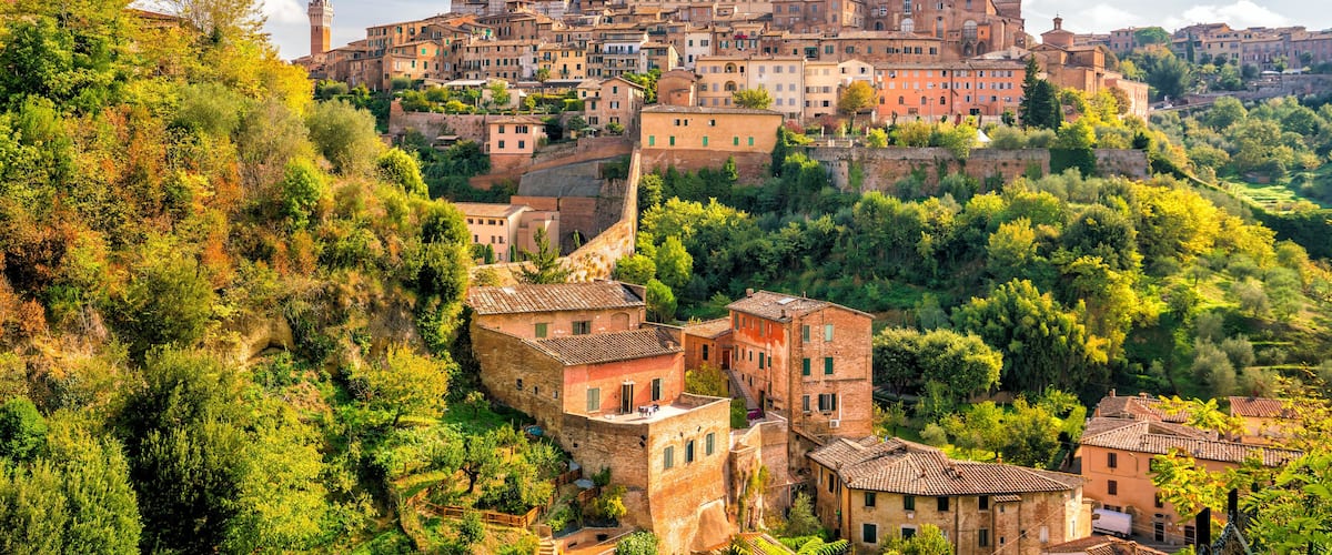 A historic town with terracotta-roof buildings, a prominent church, and a hilltop fortress.