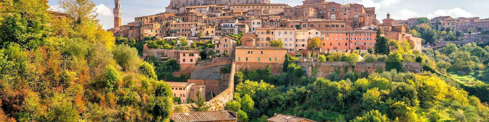 A historic town with terracotta-roof buildings, a prominent church, and a hilltop fortress.