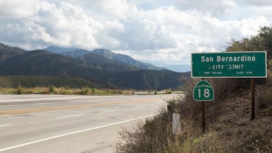 Placa de trânsito indicando o limite da cidade de San Bernardino, com população de 172.000 habitantes e altitude de 317 metros.