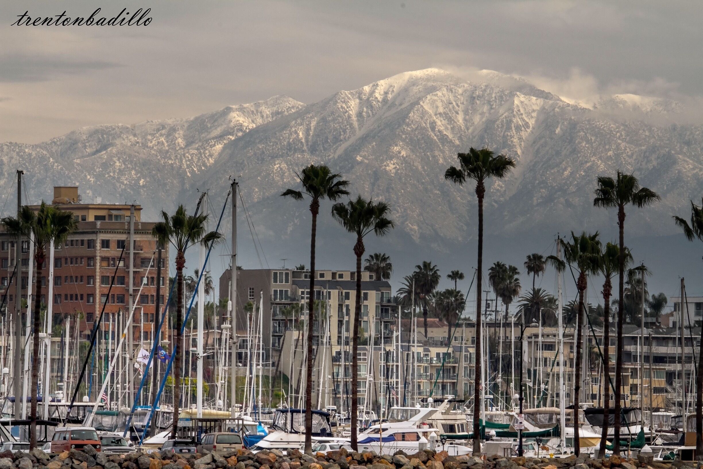 Looking towards the mountains in a harbor at Long Beach CA. A place where you can surf or ski all in one day.  #snowdestinations