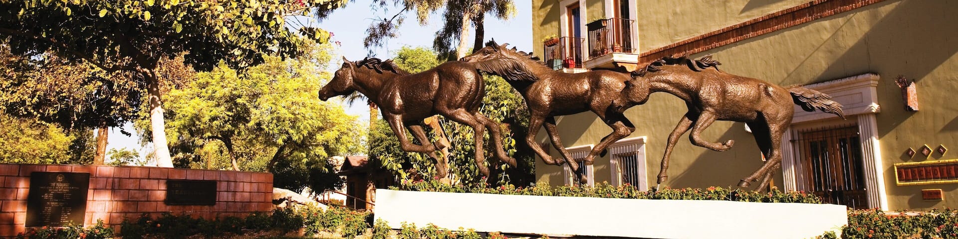 A bronze horse sculpture in a landscaped garden with a building in the background.