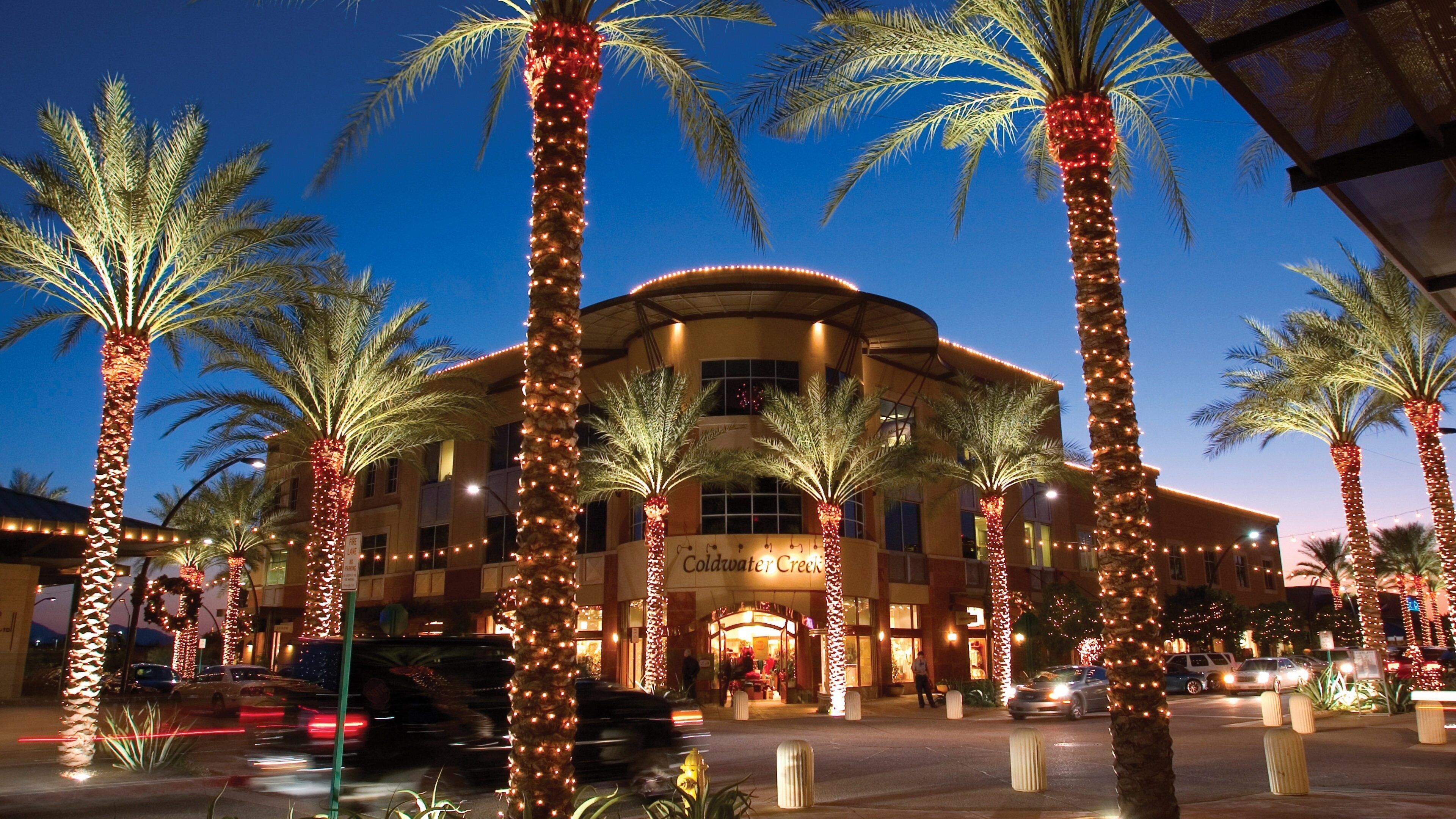 A hotel with palm trees and string lights.