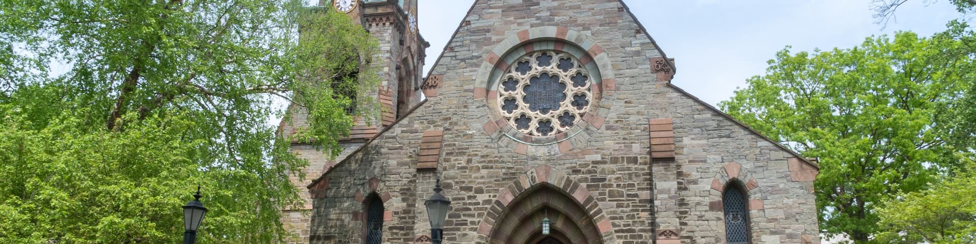 Schenectady, NY - USA - May 22, 2021: view of First Reformed Church of Schenectady, located at 8 North Church Street in the Historic Stockade District of Schenectady, New York