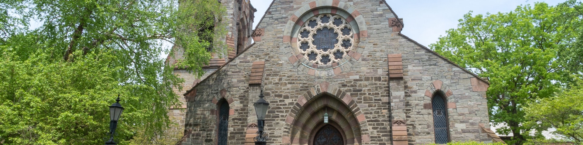 Schenectady, NY - USA - May 22, 2021: view of First Reformed Church of Schenectady, located at 8 North Church Street in the Historic Stockade District of Schenectady, New York