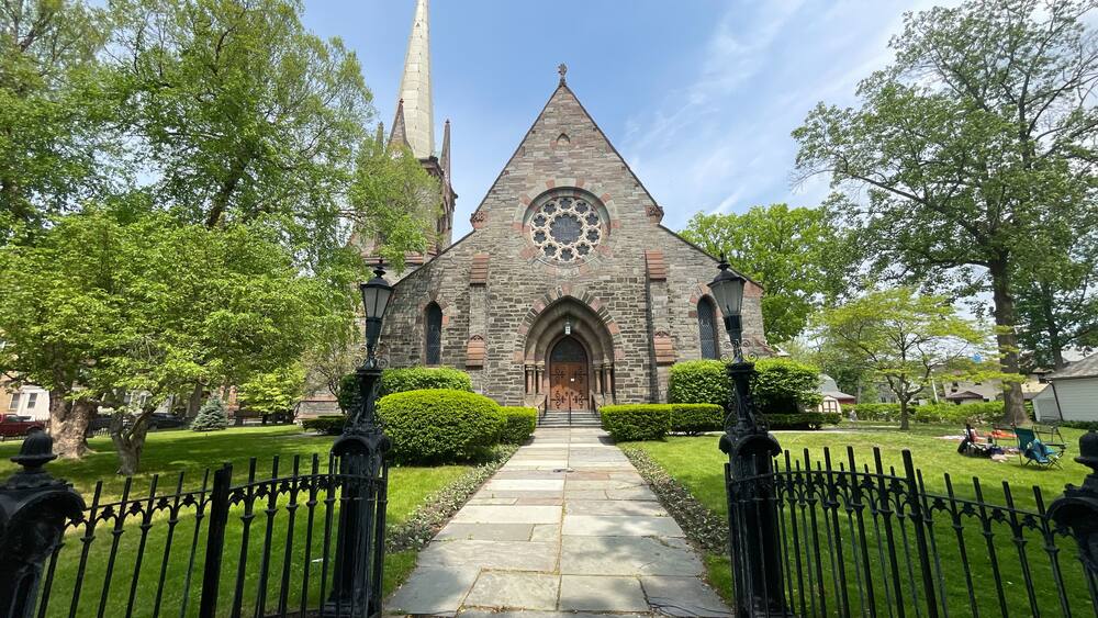 Schenectady, NY - USA - May 22, 2021: view of First Reformed Church of Schenectady, located at 8 North Church Street in the Historic Stockade District of Schenectady, New York