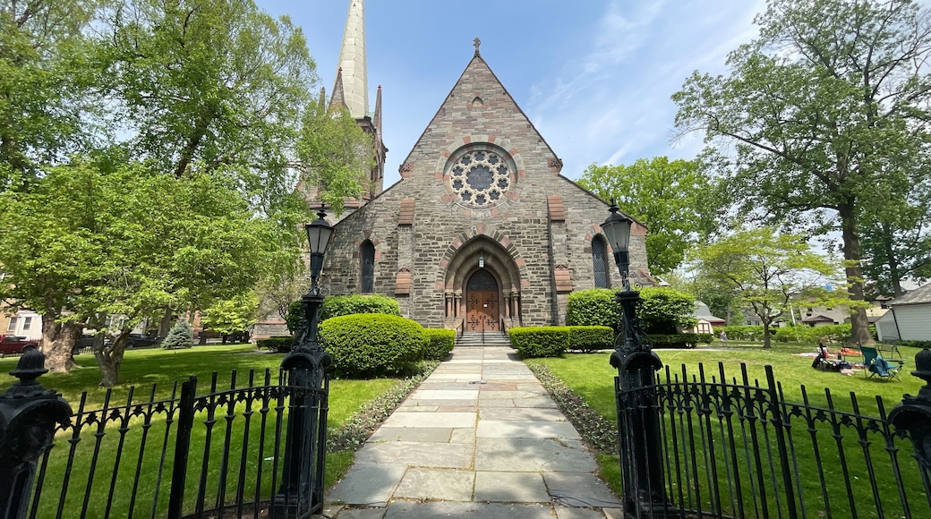 Schenectady, NY - USA - May 22, 2021: view of First Reformed Church of Schenectady, located at 8 North Church Street in the Historic Stockade District of Schenectady, New York