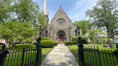 Schenectady, NY - USA - May 22, 2021: view of First Reformed Church of Schenectady, located at 8 North Church Street in the Historic Stockade District of Schenectady, New York