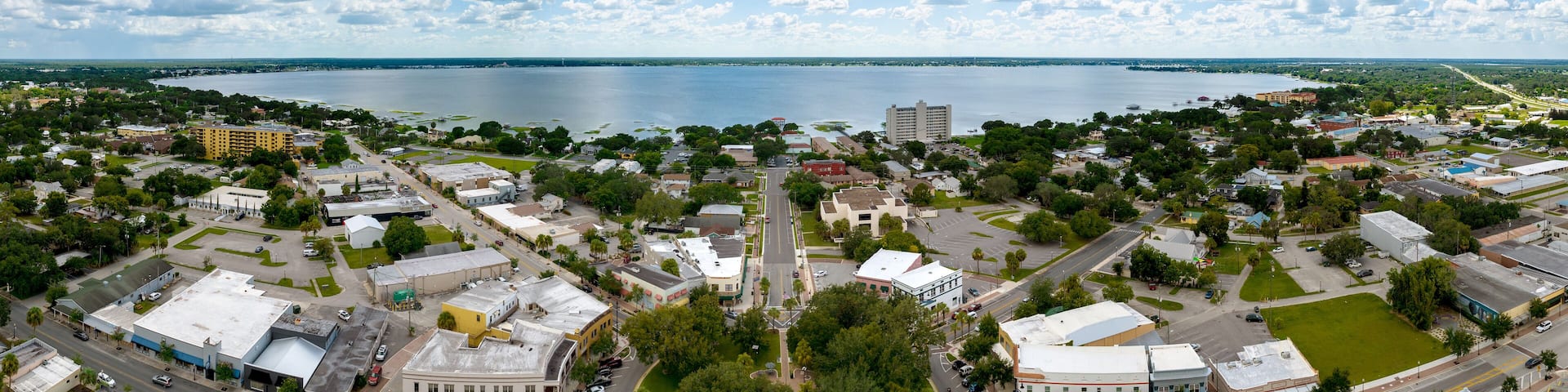 Aerial panoramic view of downtown Sebring Florida, July 6, 2022.