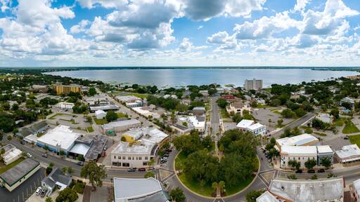 Aerial panoramic view of downtown Sebring Florida, July 6, 2022.