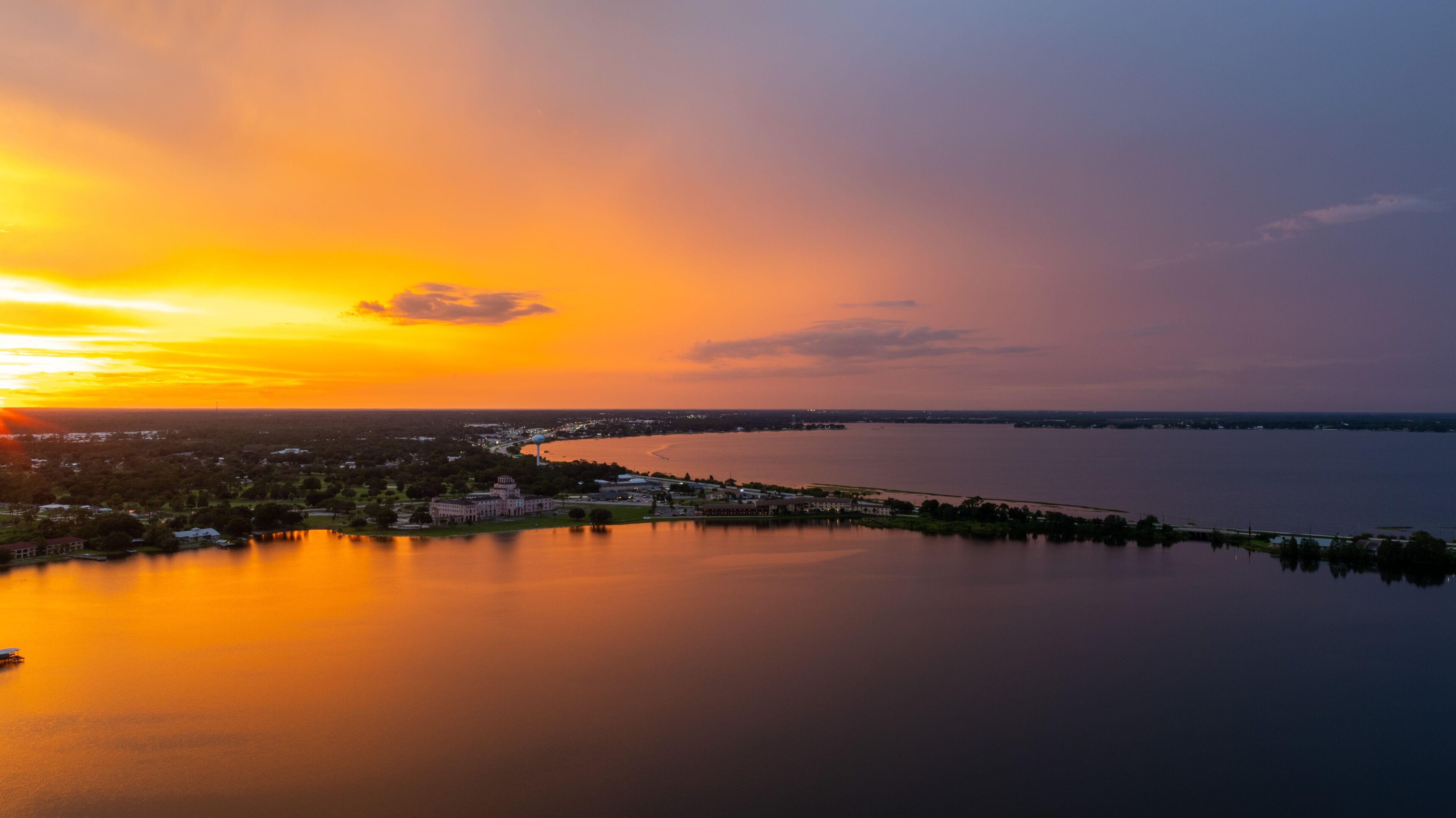 Aerial view of Lake Jackson, Sebring, Florida, USA. Summer 2024. Beautiful sunset. 