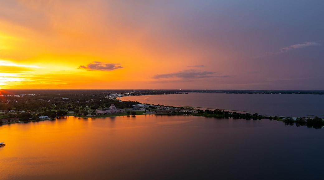 Aerial view of Lake Jackson, Sebring, Florida, USA. Summer 2024. Beautiful sunset.