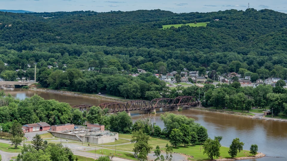 A river with a bridge, surrounded by greenery and a town.