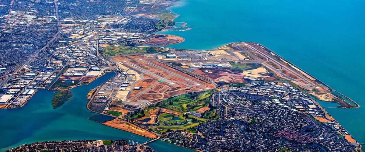 Aerial view of Oakland International Airport in the San Francisco Bay Area, California, United States