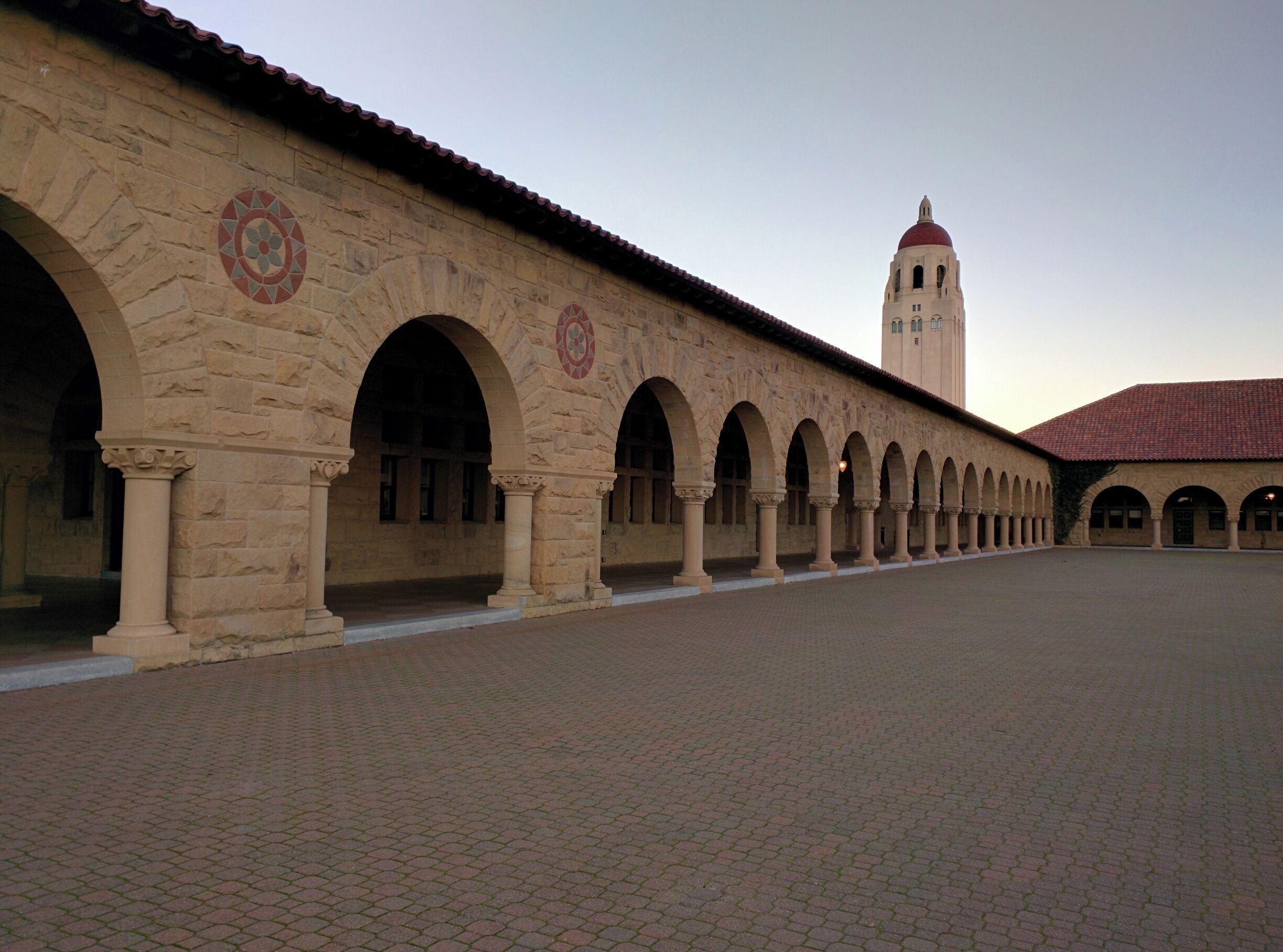 View of the Hoover Tower from Stanford University's Main Quad at dusk.