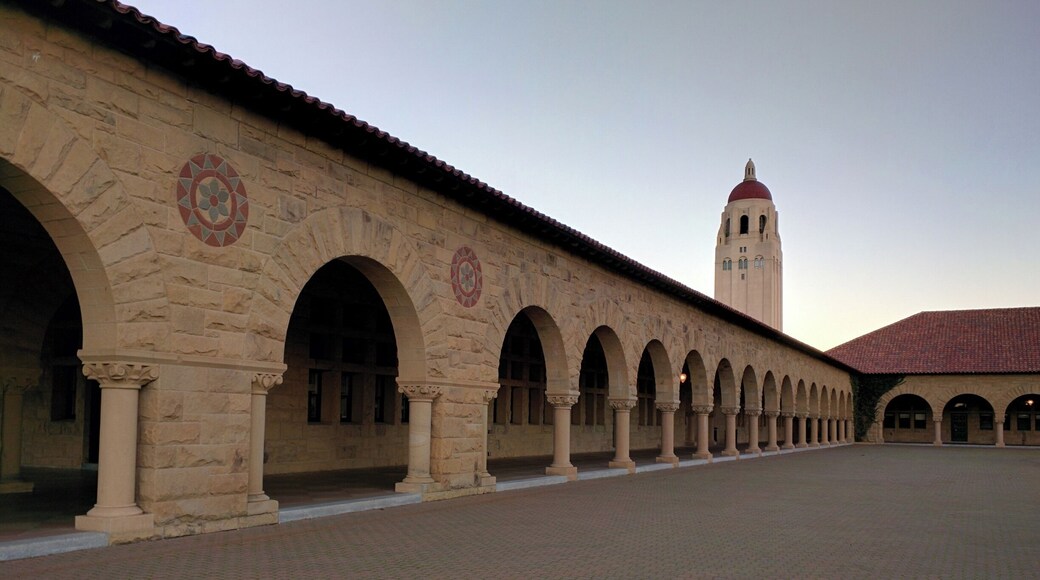 View of the Hoover Tower from Stanford University's Main Quad at dusk.