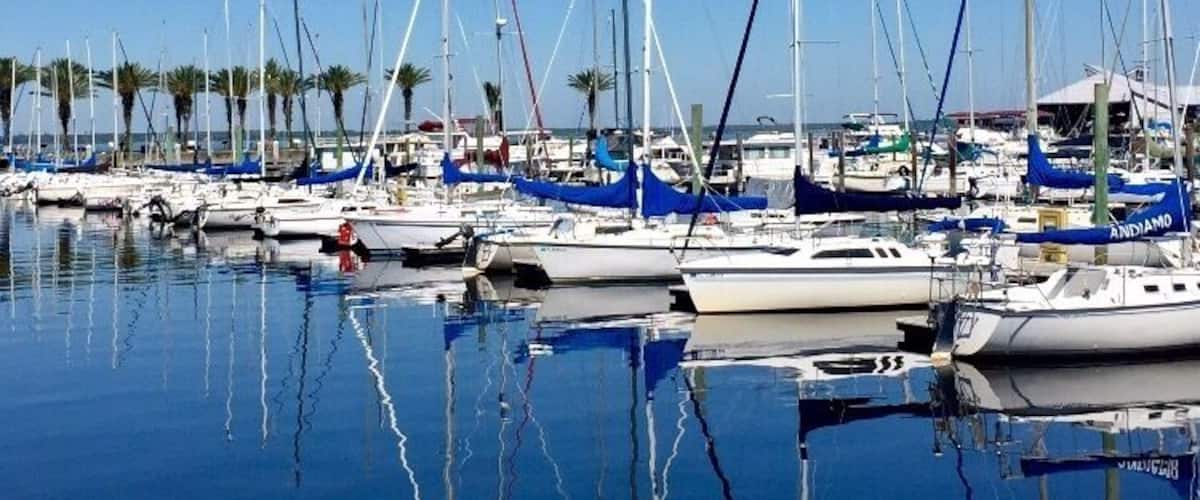 Boats lined up at the Sanford waterfront.